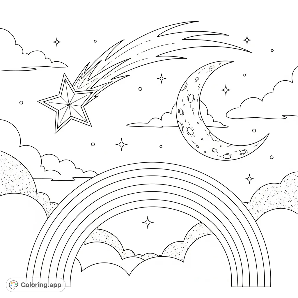 A breathtaking fantasy scene featuring a majestic shooting star near a serene crescent moon, all beneath a vibrant, arcing rainbow.