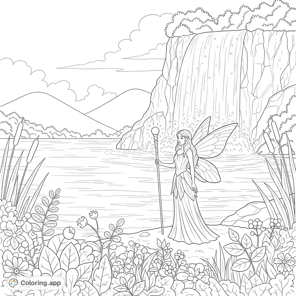 An enchanting fantasy lake coloring page featuring a graceful fairy, a sparkling waterfall, and a serene lake. A free printable coloring page for magic lovers.