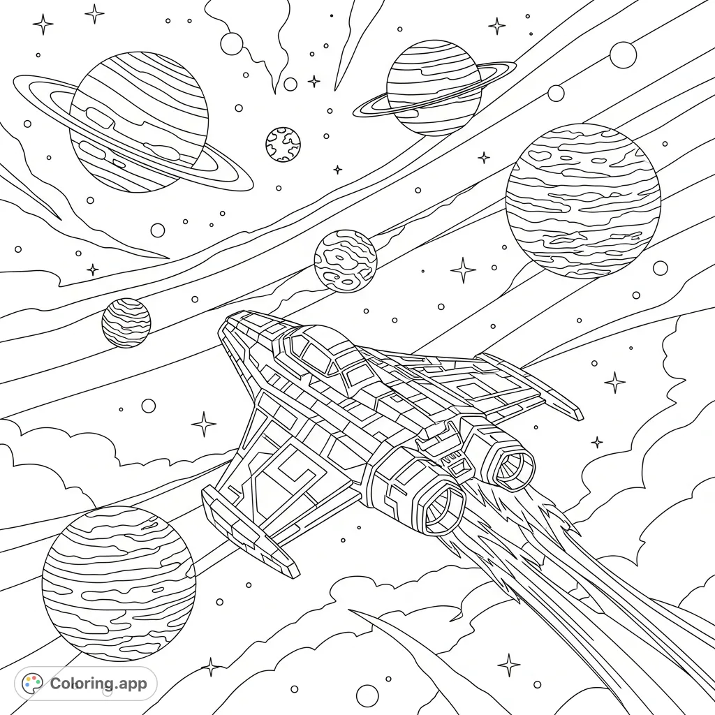 Embark on an interstellar journey with this fantasy spaceship navigating a mesmerizing starry sky alongside distant planets. Perfect for all ages!