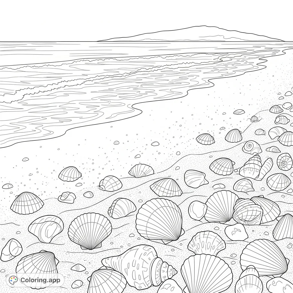 Explore a tranquil island coloring page featuring a peaceful sandy beach adorned with various seashells, with gentle ocean waves in the background. A perfect free printable coloring page for relaxation.