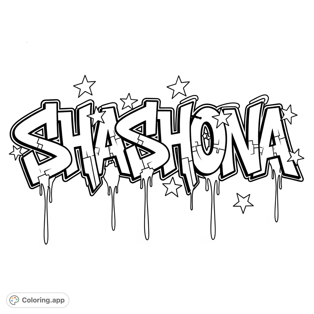 A dynamic graffiti-style "Shashona" with bold letters, dripping paint effects, and scattered stars, perfect for urban art enthusiasts to personalize.