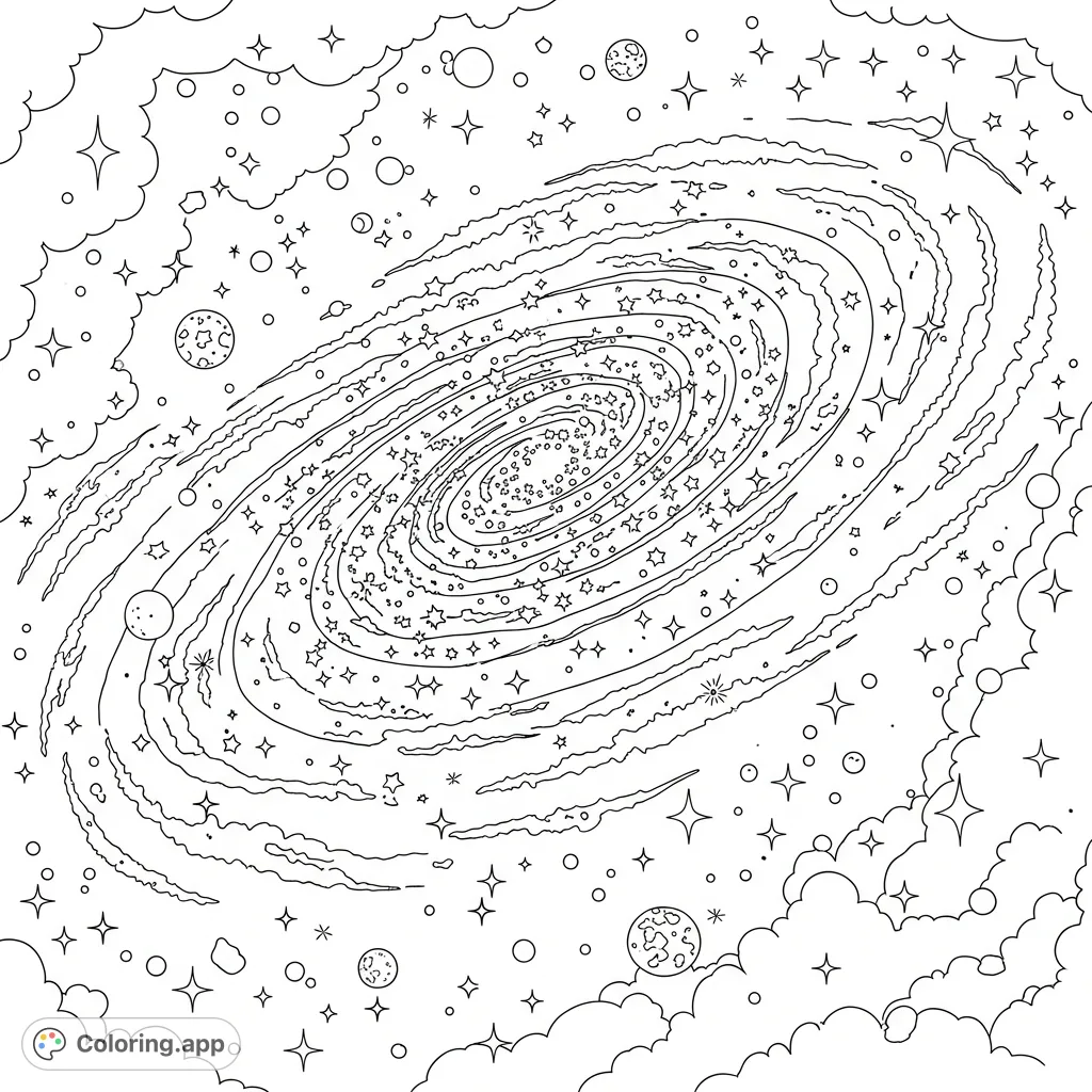 Embark on a cosmic journey with this detailed galaxy coloring page, featuring swirling arms and countless twinkling stars. A free printable fantasy space scene for all ages.