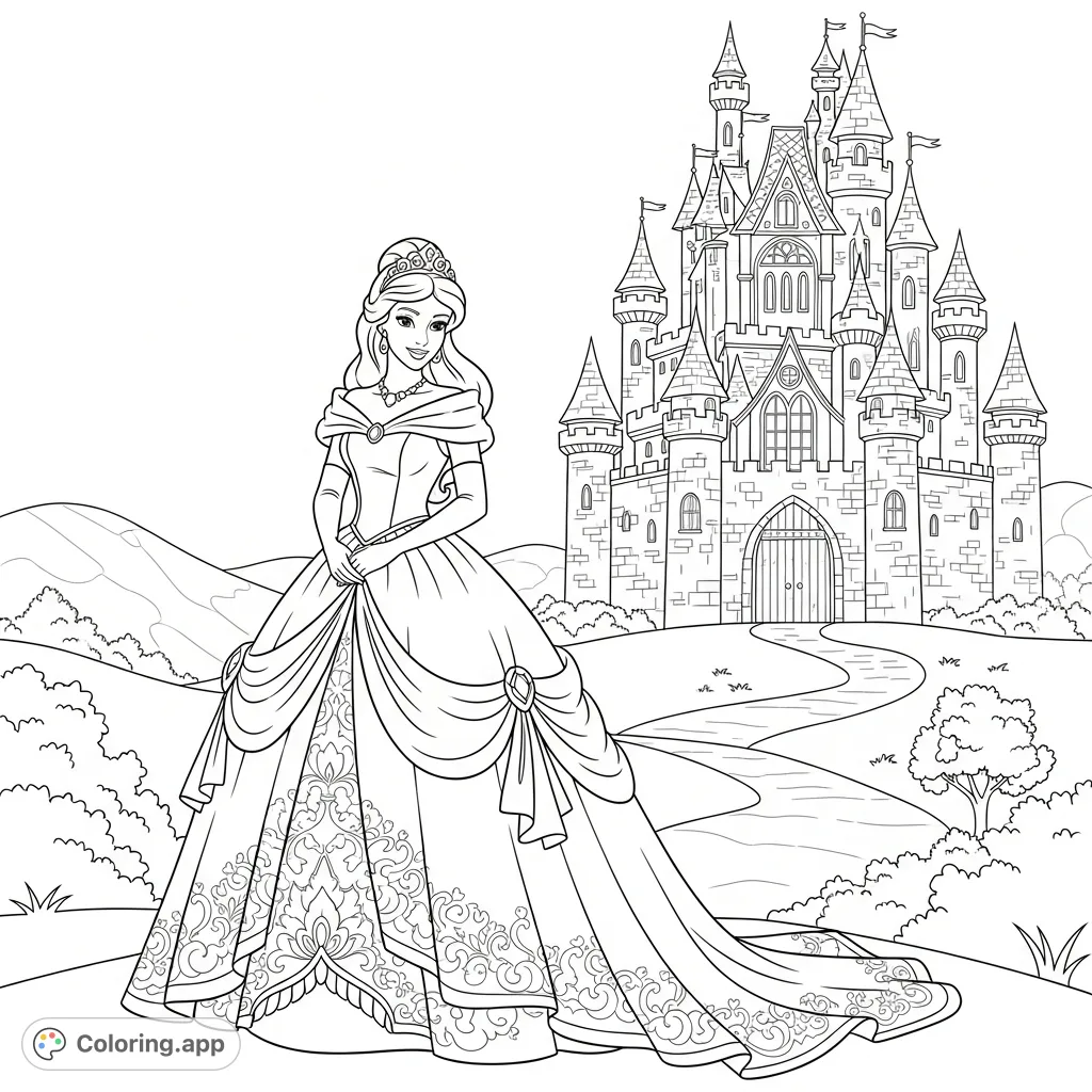 A beautiful princess in an elaborate ballgown stands gracefully before a grand fantasy castle. Perfect for creative coloring adventures!