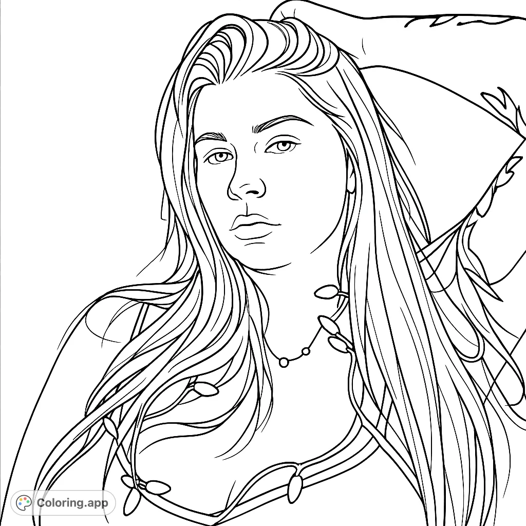 Dive into the intricate details of a striking woman's portrait, featuring long flowing hair, unique accessories, and expressive features for an engaging coloring experience.