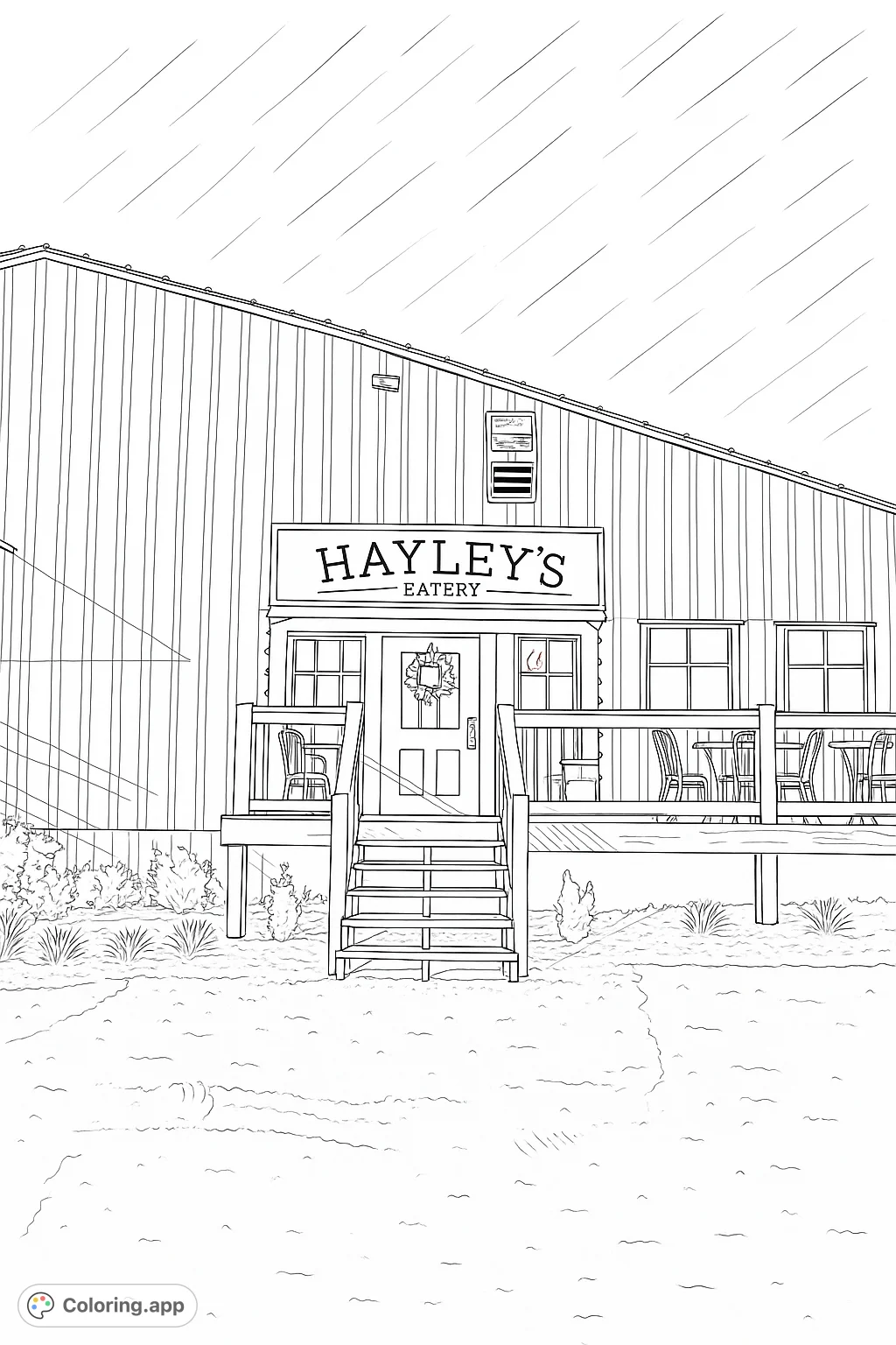 Step into creativity with this Hayley's Eatery coloring page, showcasing a rustic building facade, welcoming porch, and charming details.