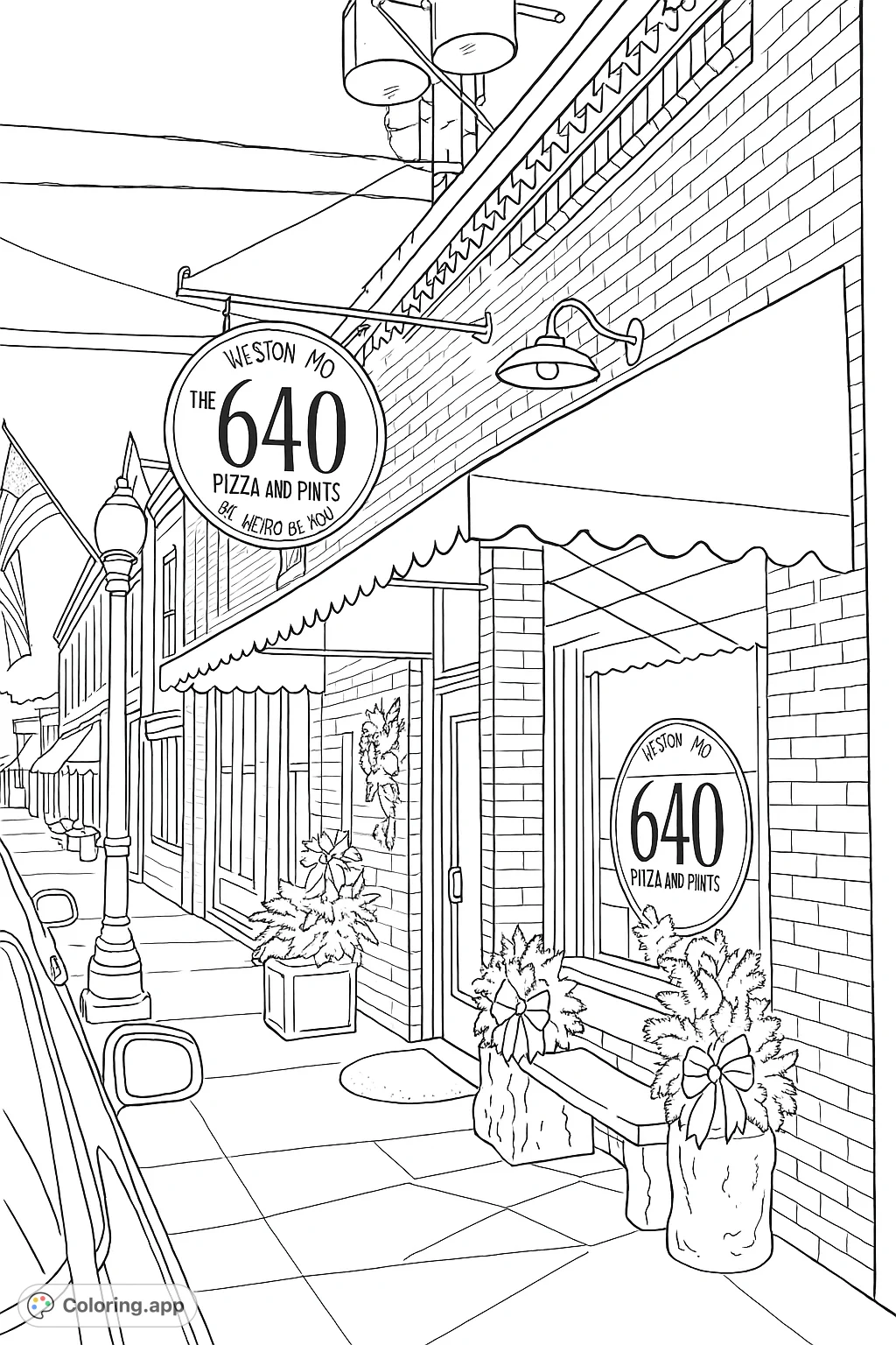 Capture the charm of a downtown pizzeria with intricate brickwork, a classic awning, and festive seasonal decorations. A delightful street scene.