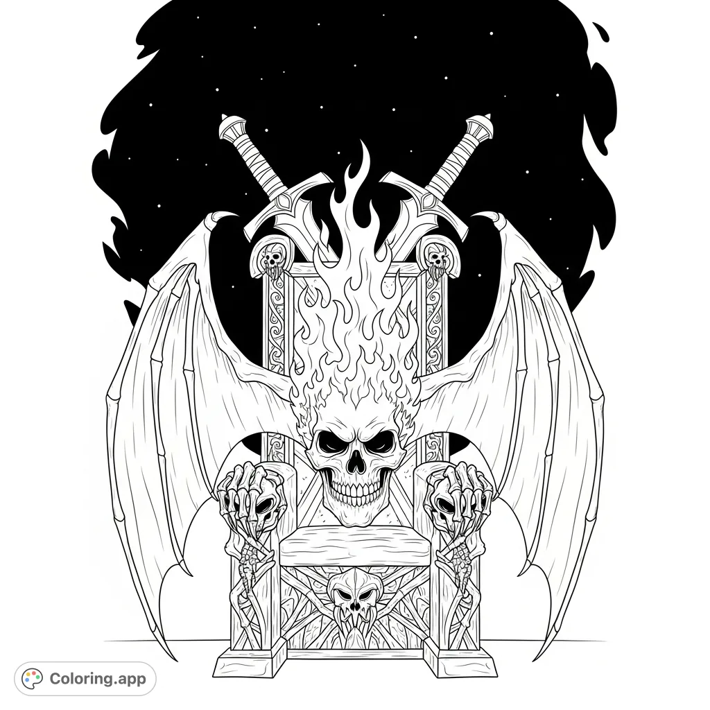 A fearsome winged skull, engulfed in flames, sits on an ornate throne with crossed swords against a dark night. An intense skull coloring page.