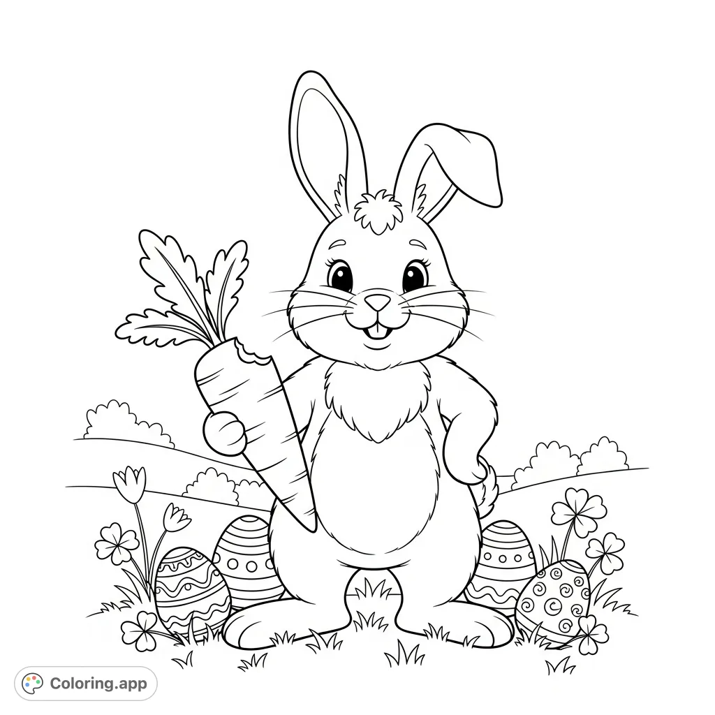 A joyous Easter bunny holds a carrot surrounded by decorative Easter eggs, set on a grassy ground. Perfect for an Easter coloring page!