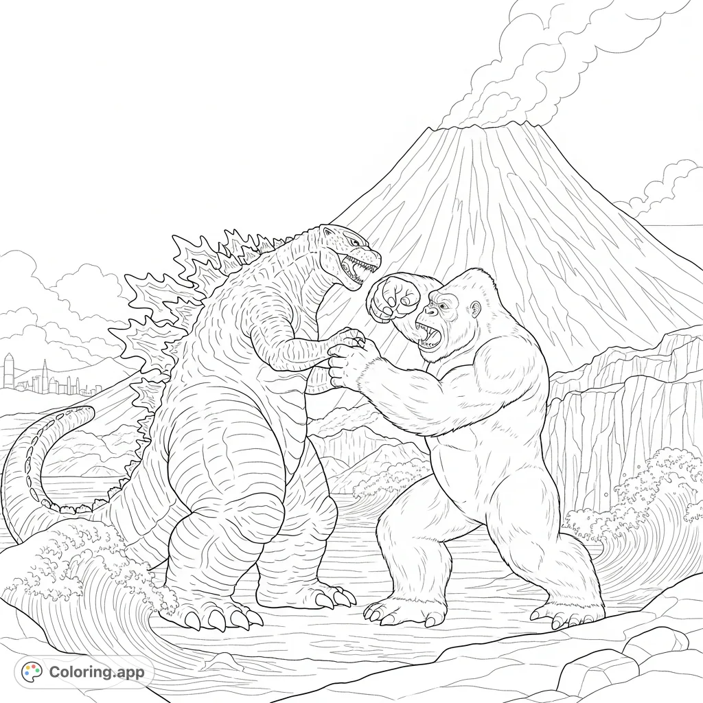 Experience an epic kaiju battle between Godzilla and King Kong near a towering Japanese volcano and crashing ocean waves. A dynamic monster coloring page!