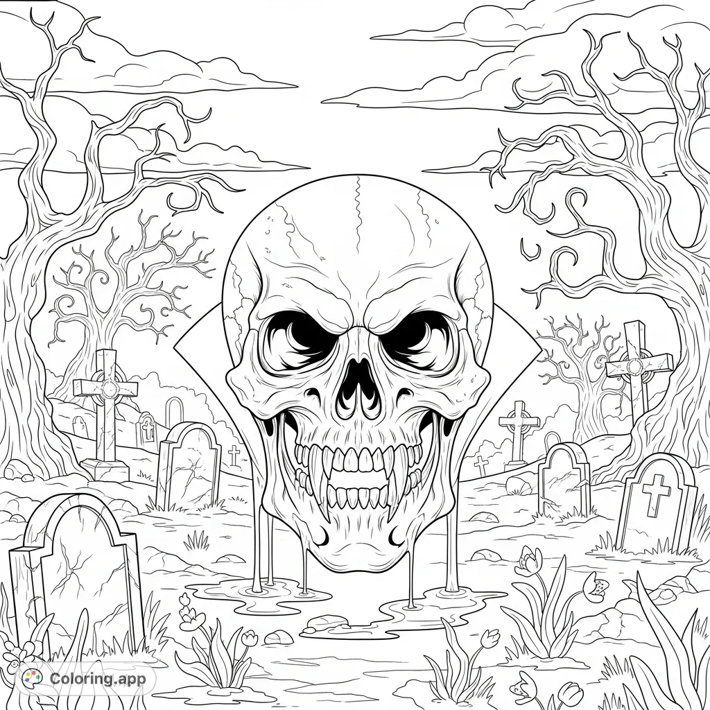 A chilling vampire skull in a desolate graveyard, surrounded by creepy trees and mysterious traces of a viscous substance. Perfect for horror and gothic themes.