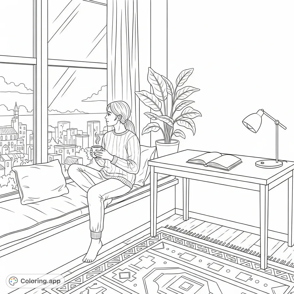 A peaceful lo-fi room featuring a window view of a city, a person relaxing on a seat with a mug and book. Perfect for a calming coloring experience.