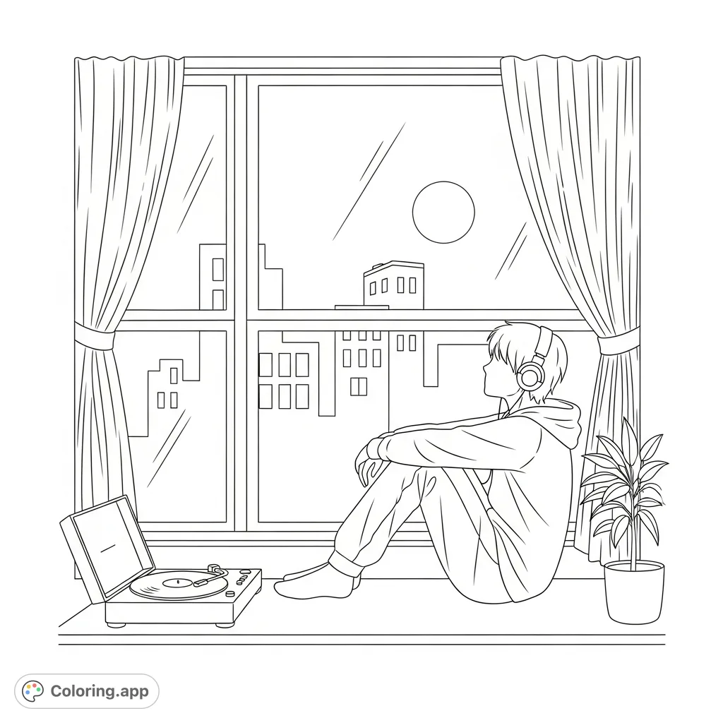 A tranquil lo-fi coloring page featuring a relaxed character by a window, overlooking a serene cityscape. Perfect for unwinding and creative expression.