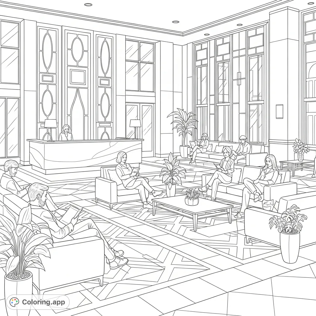 A detailed apartment building lobby scene with people relaxing in seating areas. Features architectural elements and cozy furniture for an urban-themed coloring page.