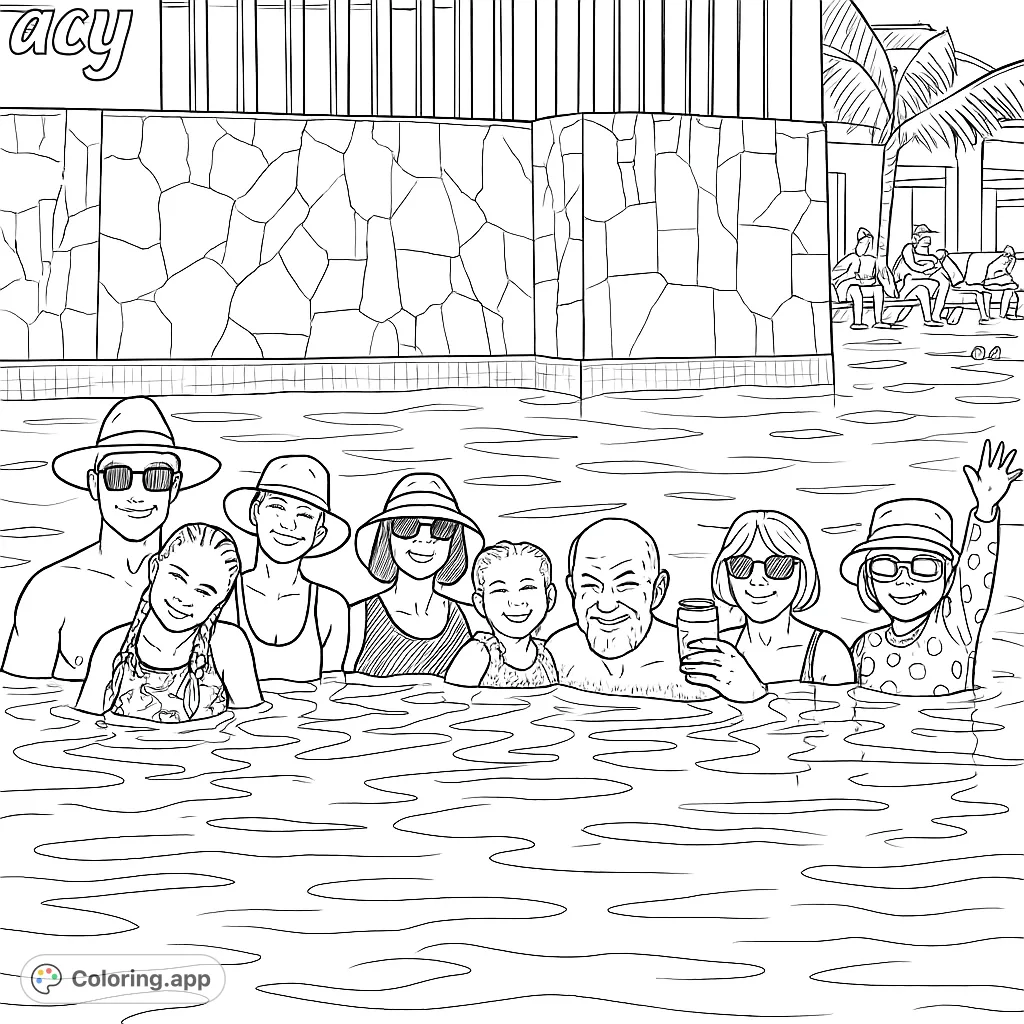 A joyful family of eight enjoys a refreshing pool day. This family vacation coloring page captures moments of shared happiness and summer fun.