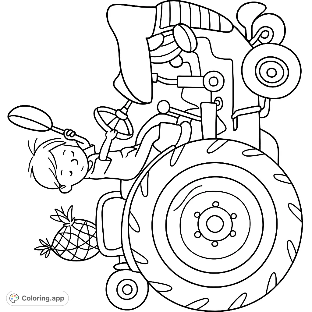 A delightful coloring page featuring a cheerful child on a playful tractor adventure, accompanied by a patterned chicken. Perfect for farm fun and imaginative play!