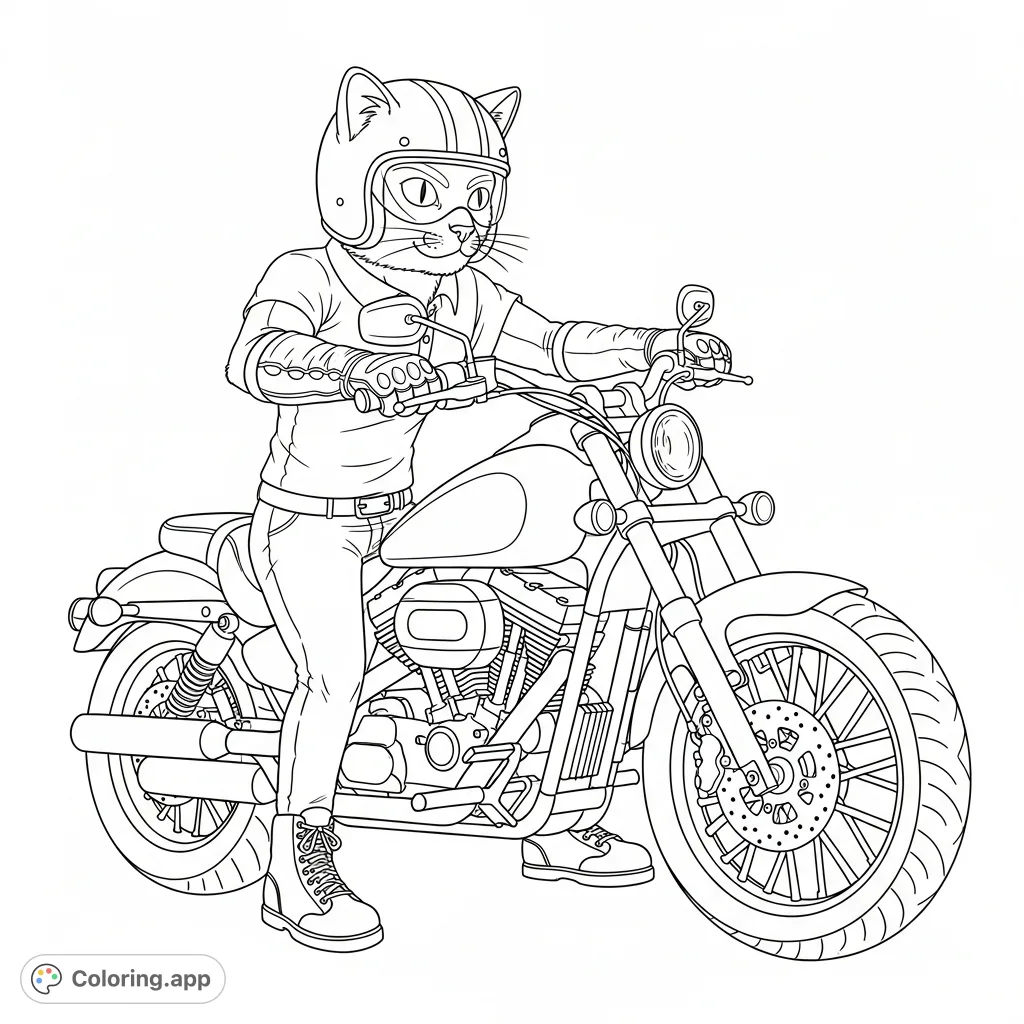 An adventurous anthropomorphic cat, geared in a biker helmet, shirt, gloves, and shoes, confidently rides a detailed cruiser motorcycle, ready for the open road.