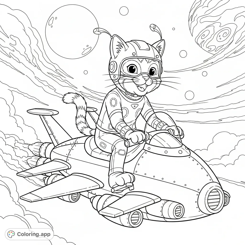 An adorable cat clad in a helmet and shirt, soaring through the sky on a unique crockrocket. Perfect for imaginative minds and aspiring space adventurers!