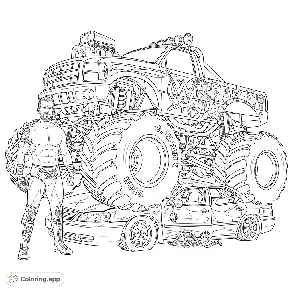 Experience the thrill of a CM Punk monster truck crushing a car in this dynamic free printable coloring page. Unleash your creativity with this action-packed scene!