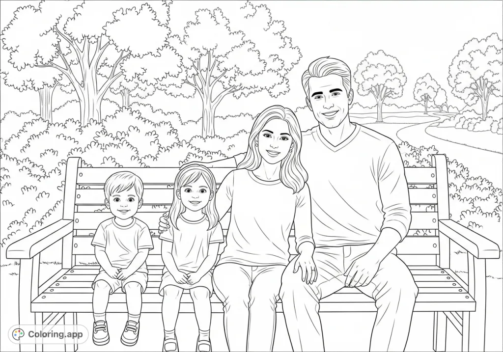 A heartwarming family scene featuring a man, woman, and two children enjoying a peaceful moment on a park bench amidst lush park scenery.