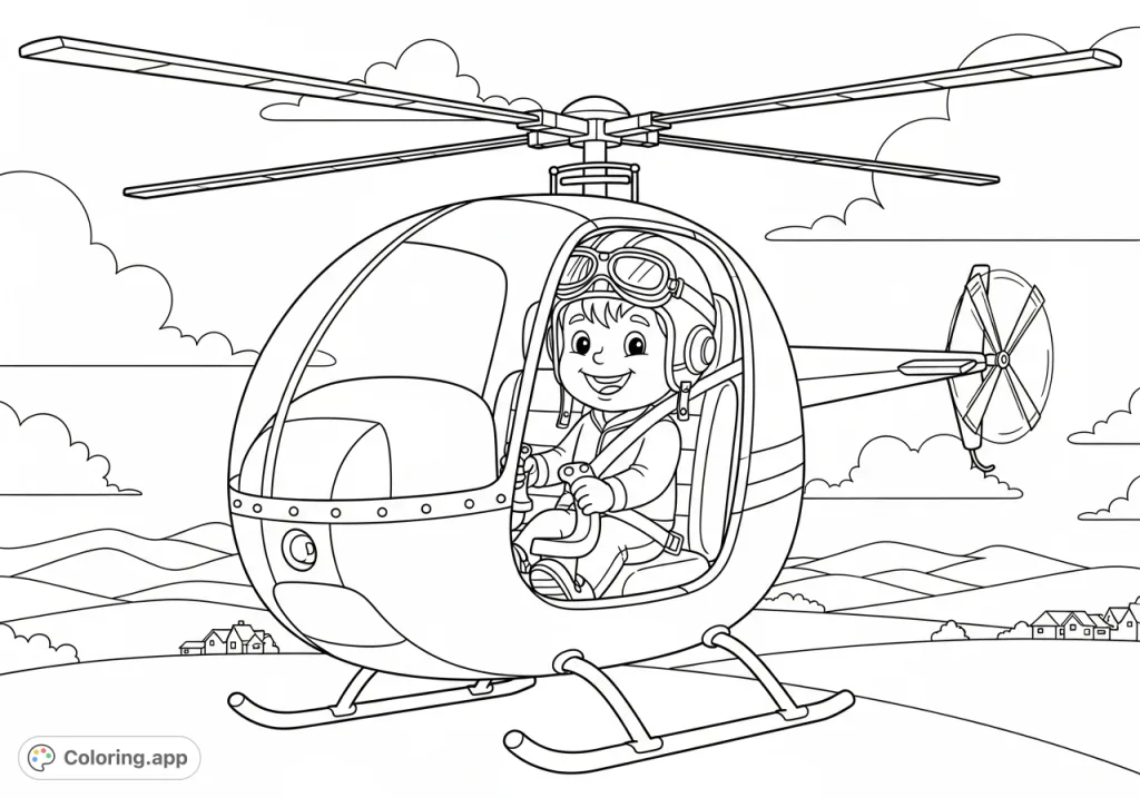 A joyful child pilots a whimsical helicopter through fluffy clouds and over a charming landscape. Perfect for aspiring aviators to color and dream of flight!