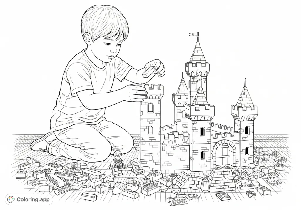 A creative kid constructs an impressive Lego castle, surrounded by countless bricks. Perfect for young builders and fans of imaginative play.
