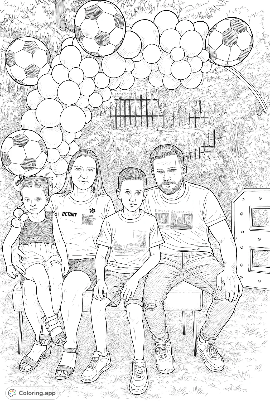 A heartwarming family portrait with a festive balloon arch and soccer balls, capturing a special moment outdoors. Ideal for a personalized coloring experience.