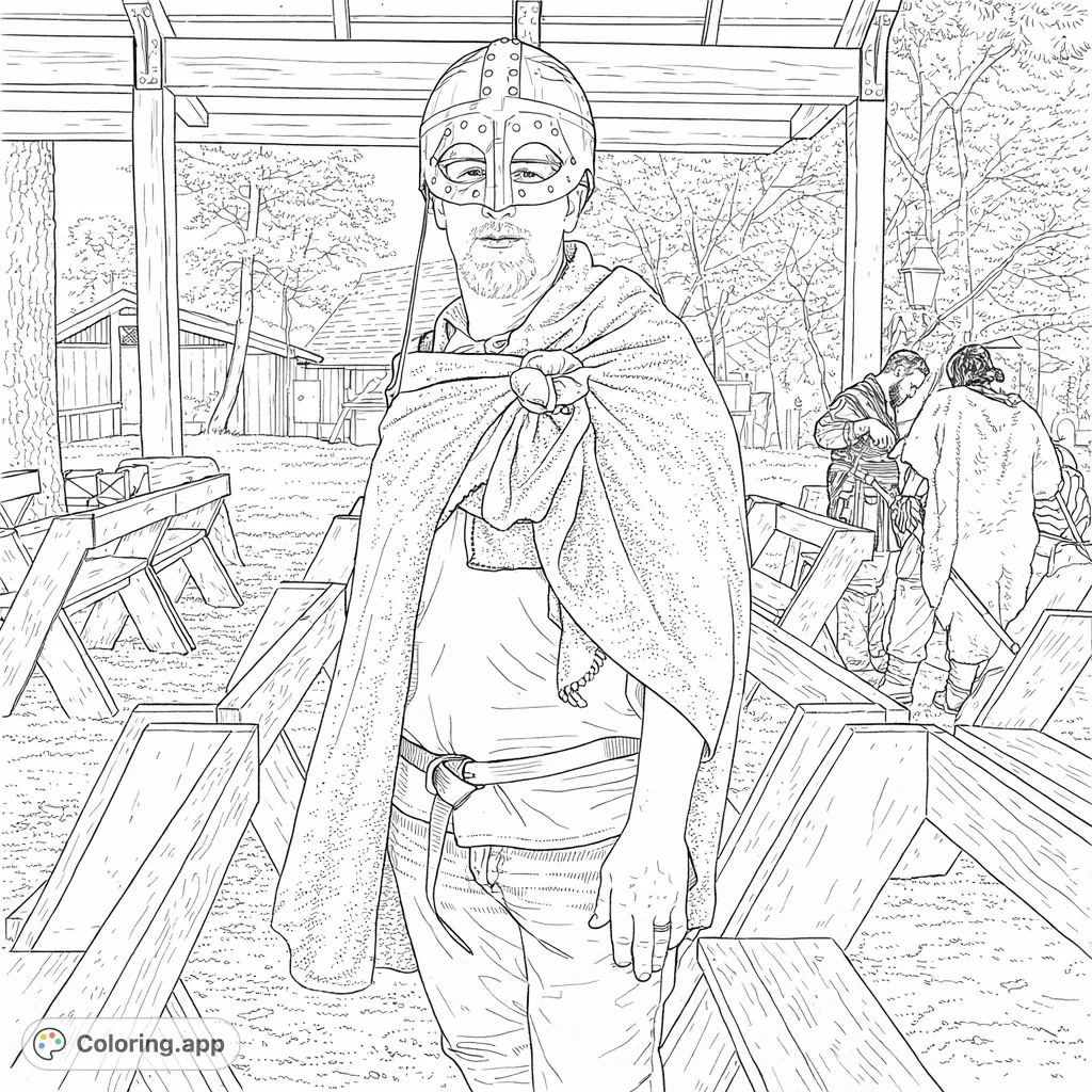 A captivating coloring page featuring a person in a detailed Viking-style helmet and flowing cloak, set within a historical village scene.