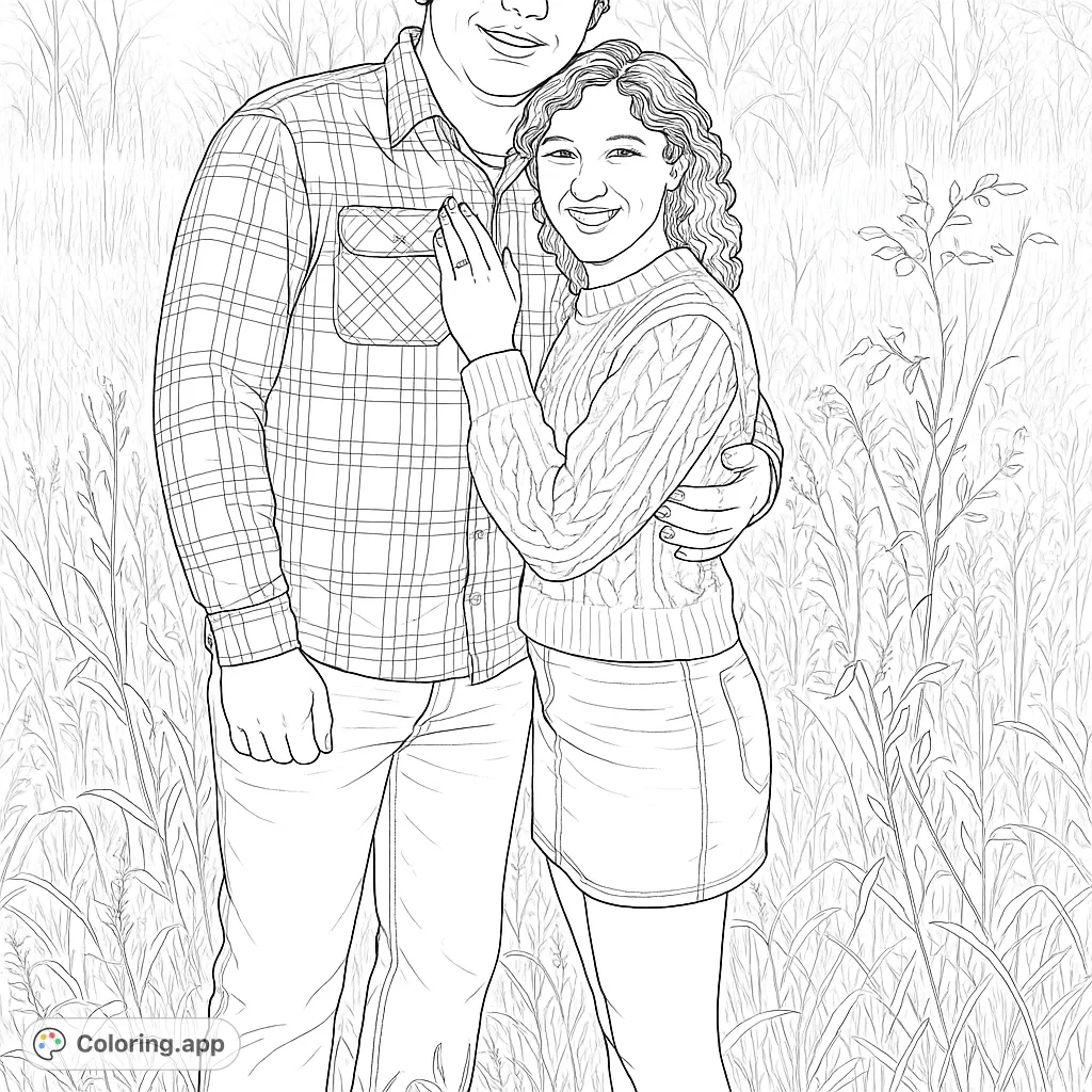 A heartwarming couple's portrait in a scenic field, perfect for celebrating love and creating personalized art. Features intricate clothing patterns.