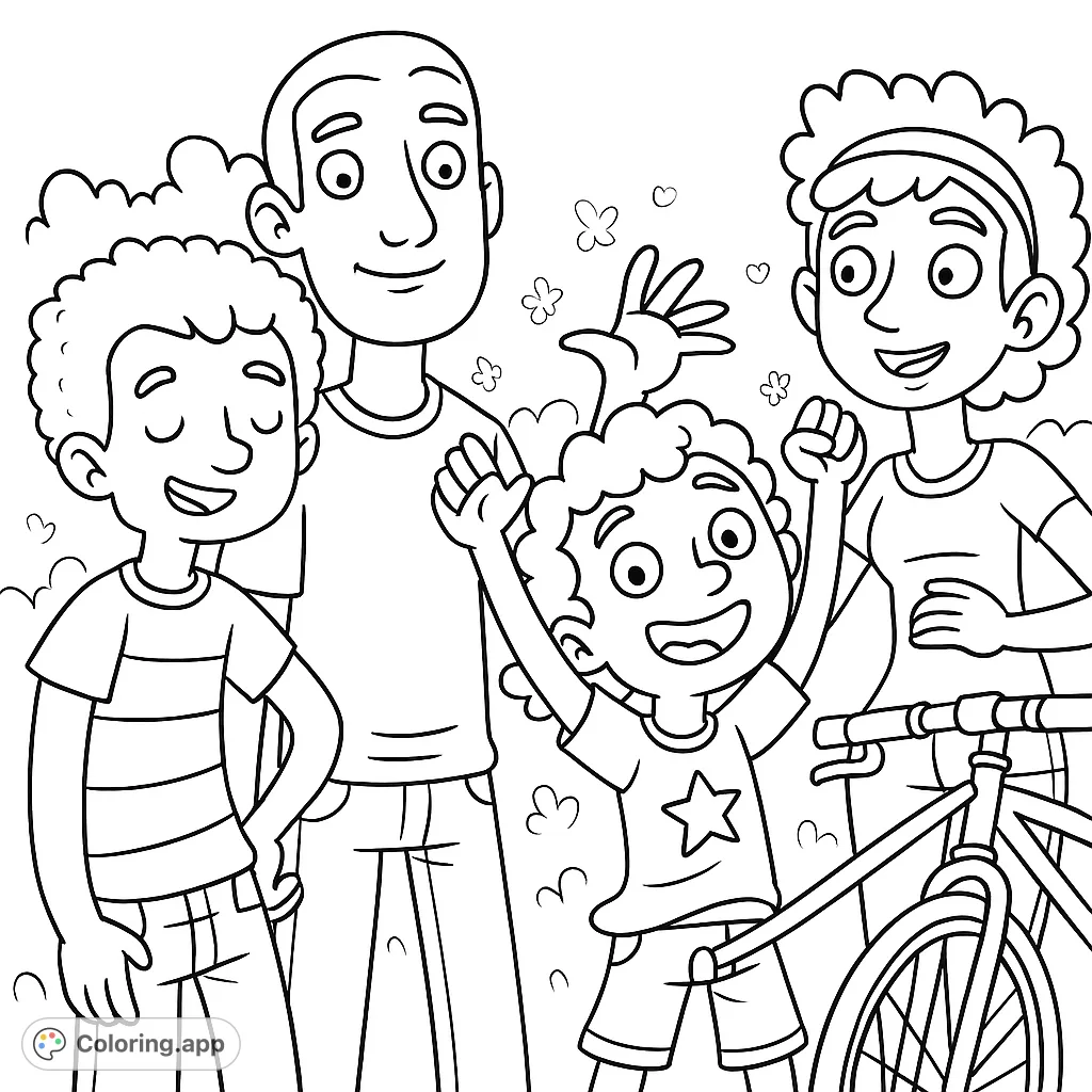 A cheerful group of cartoon characters, including children and adults, enjoying an outdoor moment with a bicycle. This fun scene is perfect for imaginative coloring.