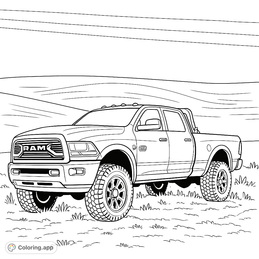 Color a powerful lifted pickup truck on a dirt path, surrounded by rolling hills and open sky. Perfect for vehicle enthusiasts!