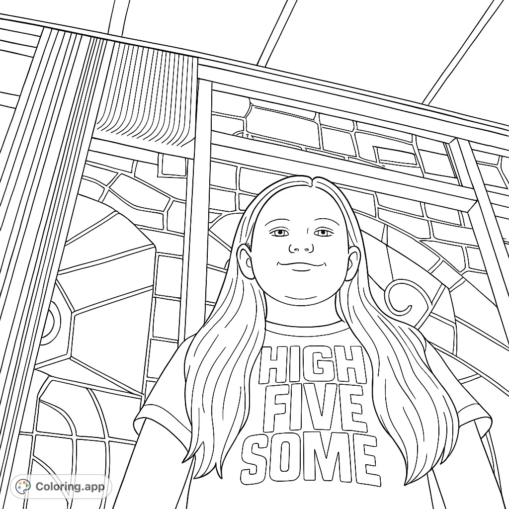 A charming portrait of a girl smiling in front of a window with geometric patterns, perfect for a calming coloring experience. Free printable girl portrait coloring page.
