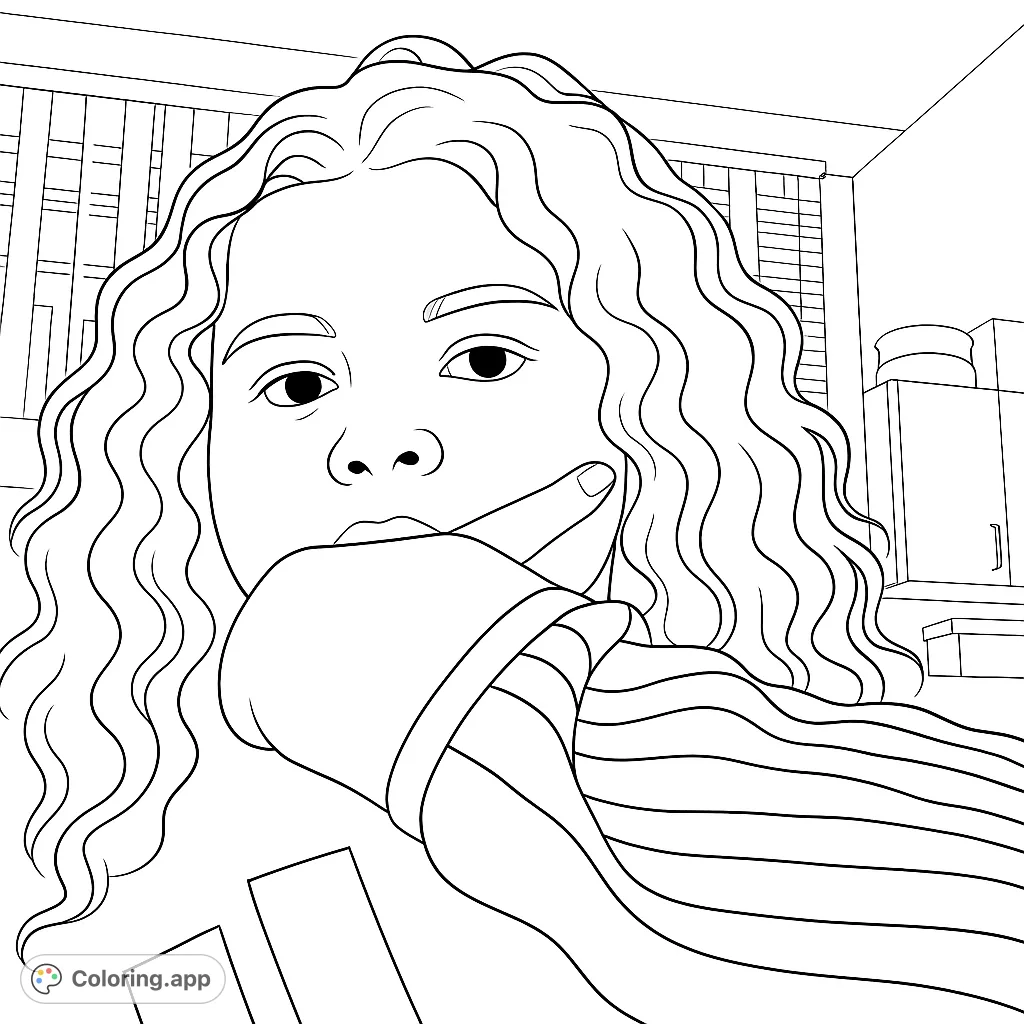 A thoughtful child with curly hair poses, hand on cheek, against a simple background. A realistic portrait coloring page for all ages.