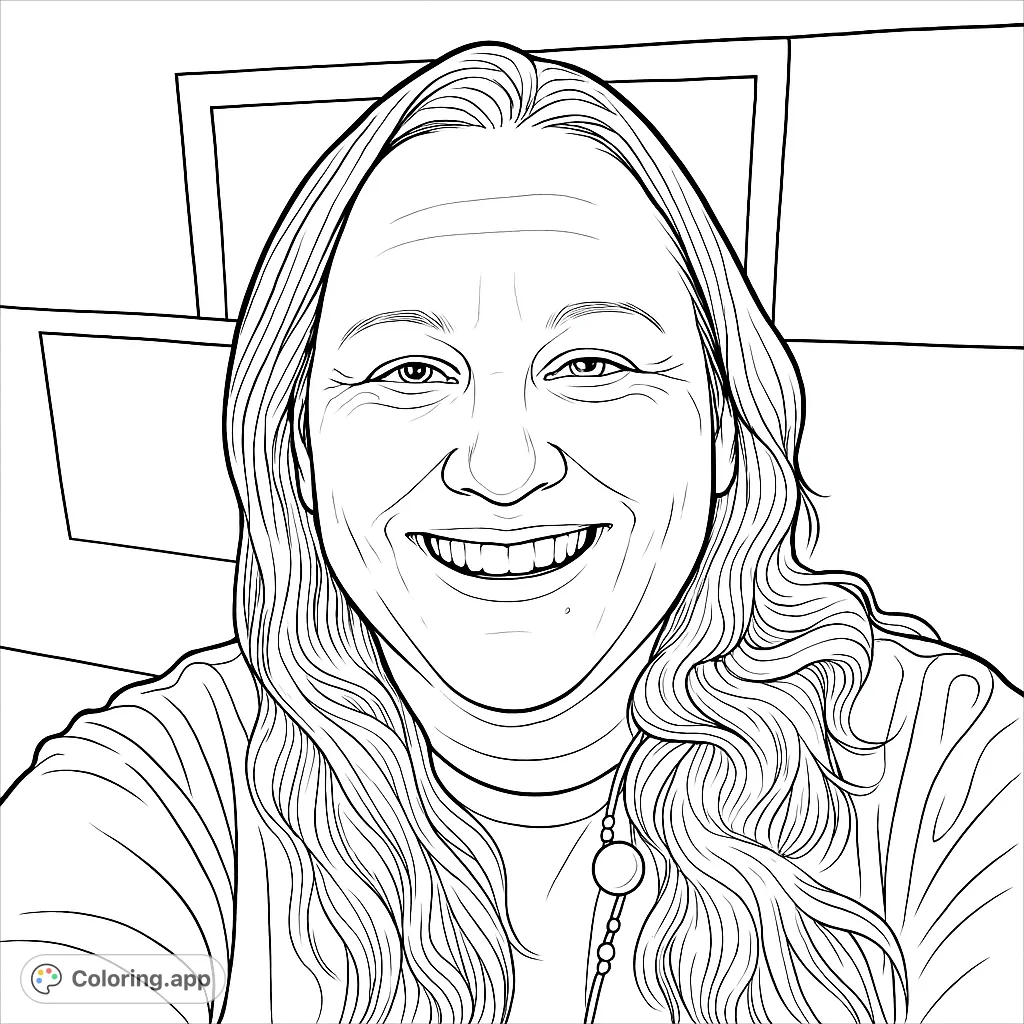 Color a joyful portrait featuring a smiling woman with wavy hair and a beaded necklace. The detailed background offers creative coloring opportunities.