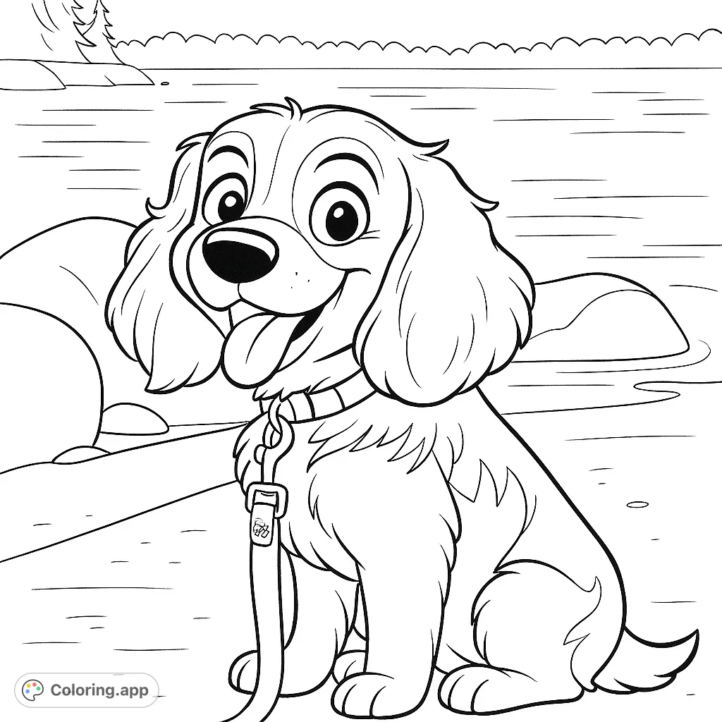 A joyful cartoon dog with floppy ears sits by a peaceful lake, ready for adventure. A charming and engaging scene for kids and dog lovers alike to color.