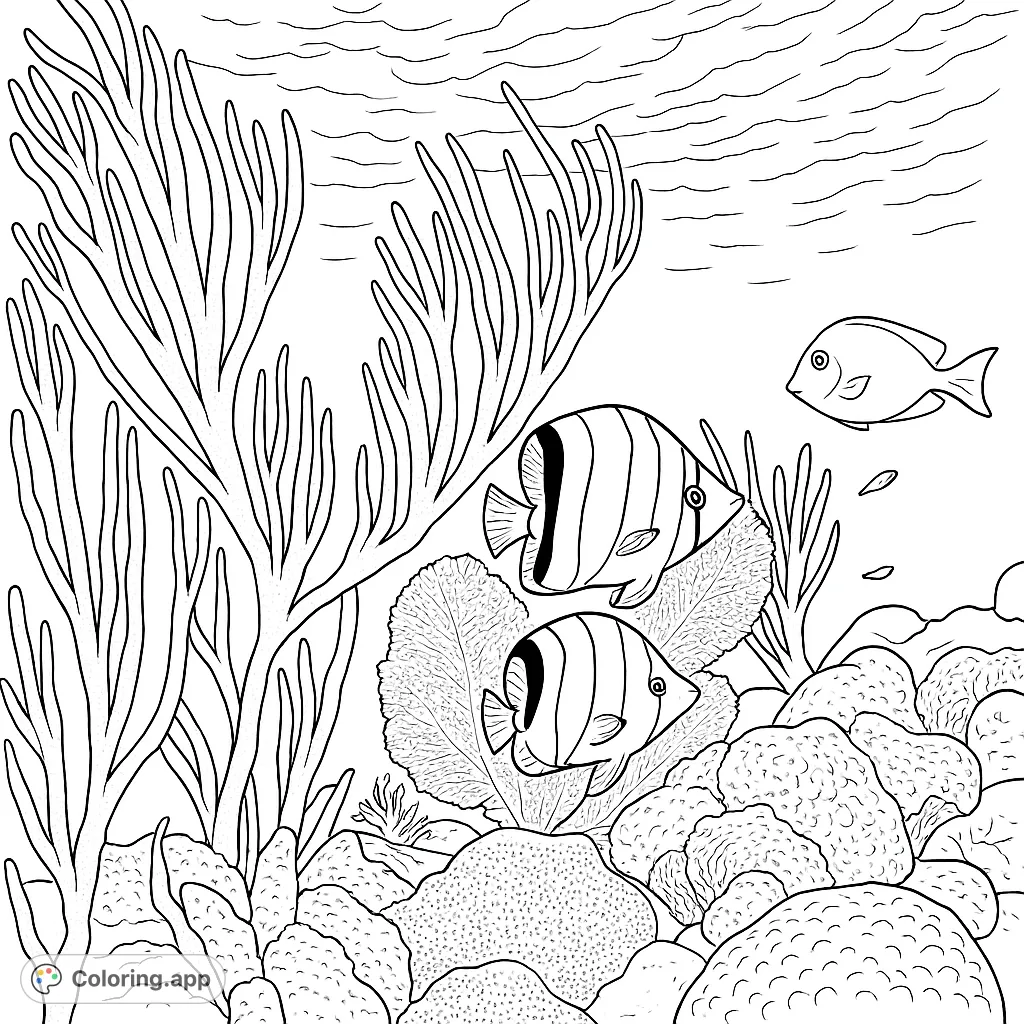 Dive into an enchanting underwater coral reef coloring page, featuring two beautifully banded fish, a larger fish, and intricate coral formations amidst ocean light.