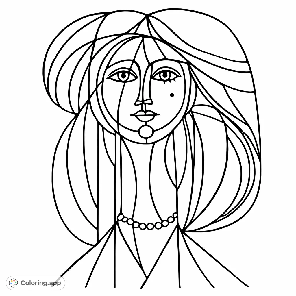 An abstract portrait of a woman with fragmented features and flowing hair, offering a unique artistic coloring experience for modern art enthusiasts.