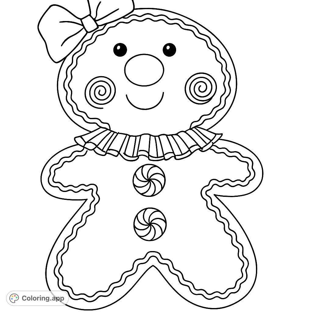 A charming gingerbread figure with a festive bow and candy buttons, perfect for holiday cheer. Bring this delightful character to life with your favorite colors!