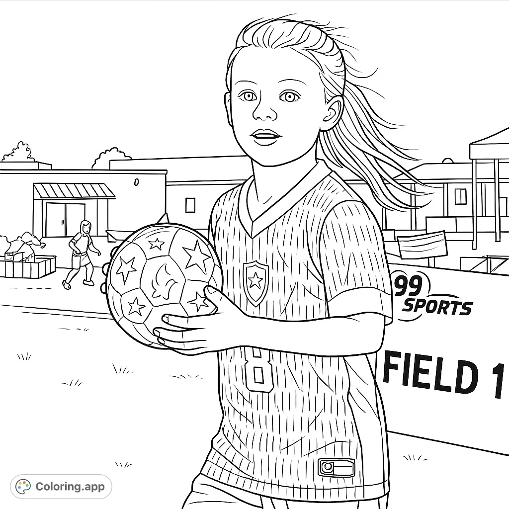 Score big with this soccer coloring page featuring a young girl holding a patterned ball on the field. Perfect for sports enthusiasts!