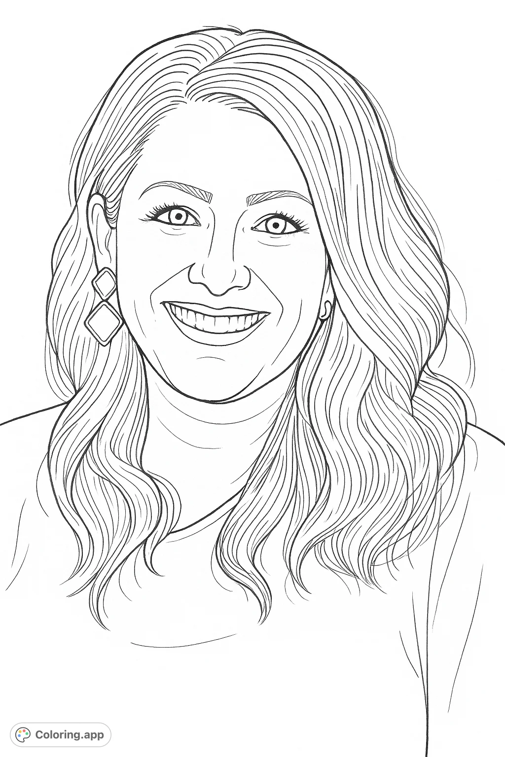 A beautiful hand-drawn sketch of a smiling woman with wavy hair and elegant earrings. Perfect for relaxing and creative coloring.