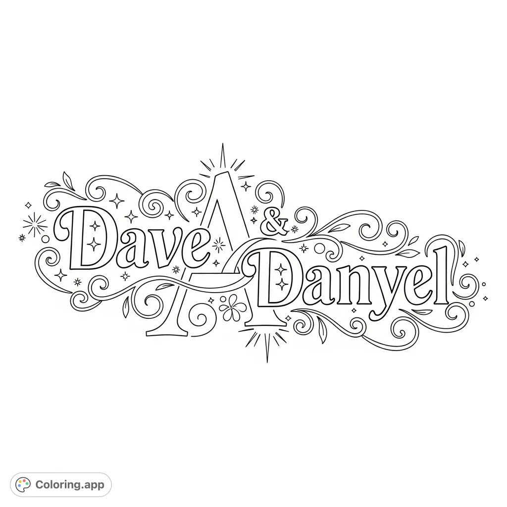 A beautiful coloring page featuring the names "Dave" and "Danyel" intertwined with elegant flourishes, stars, and floral patterns for a personalized touch.