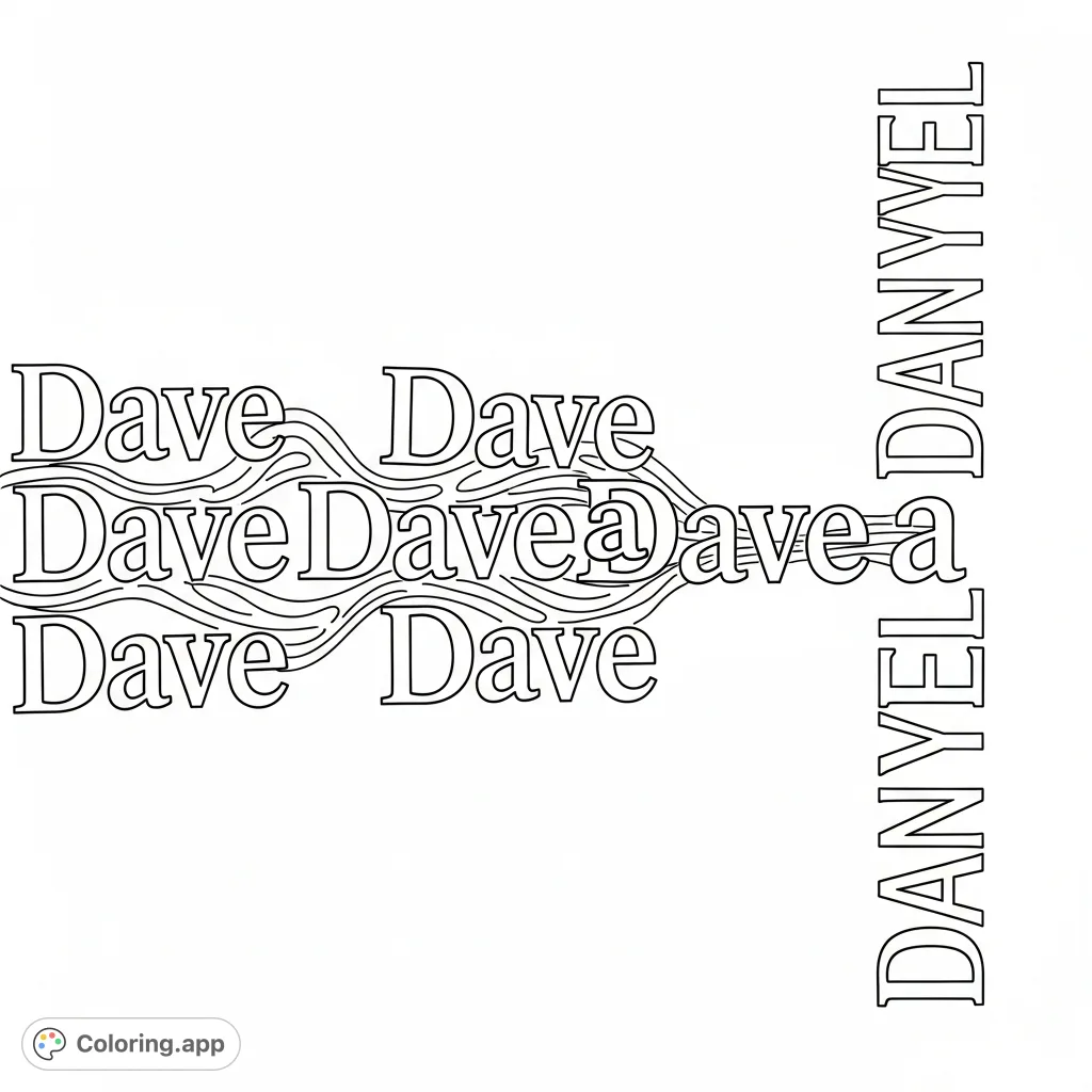 A unique typography coloring page featuring the names Dave and Danyel intersecting, forming intricate patterns horizontally and vertically.