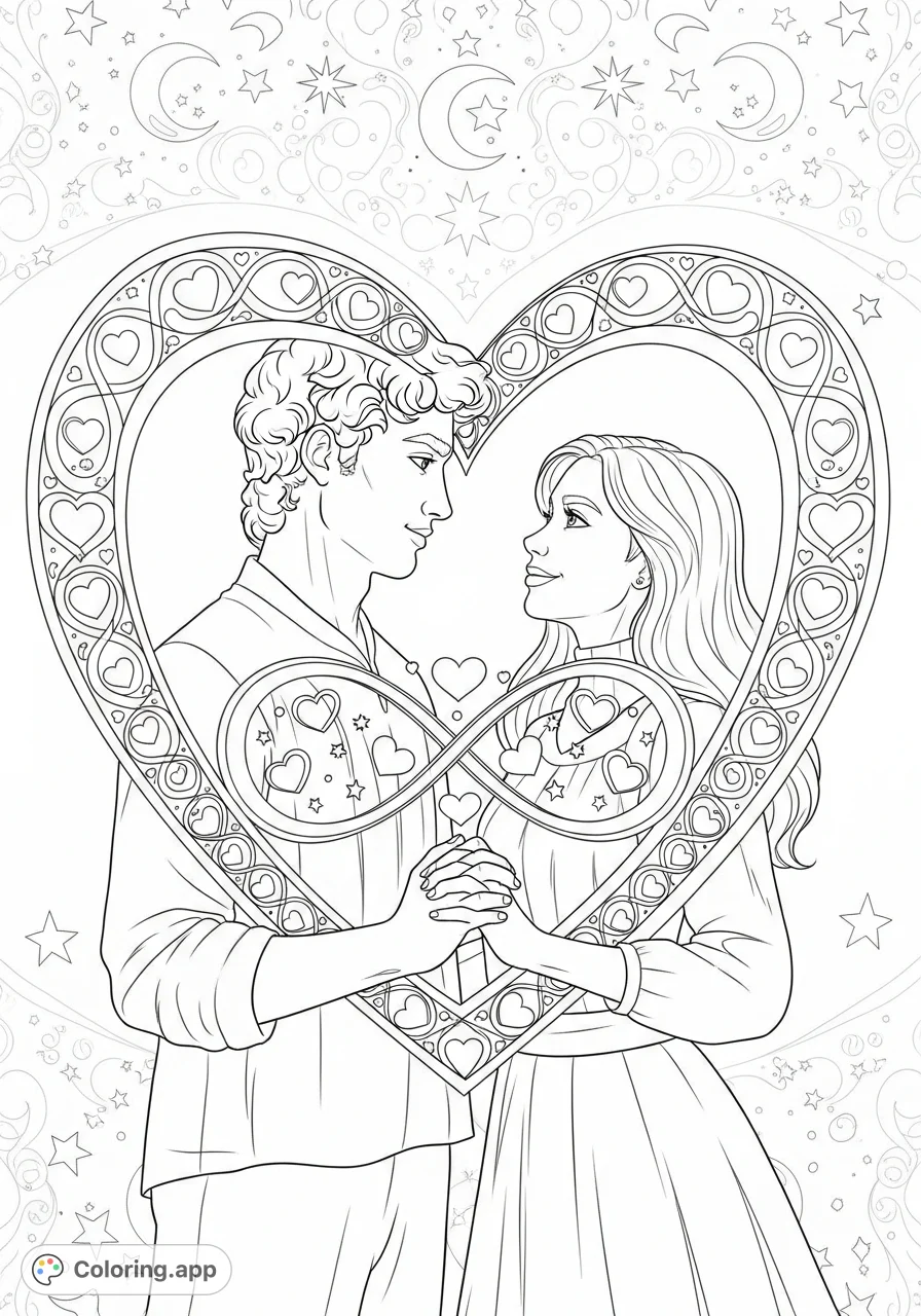 Celebrate love with David and Danyel surrounded by intricate hearts and infinity symbols. A free printable coloring page perfect for personalizing.