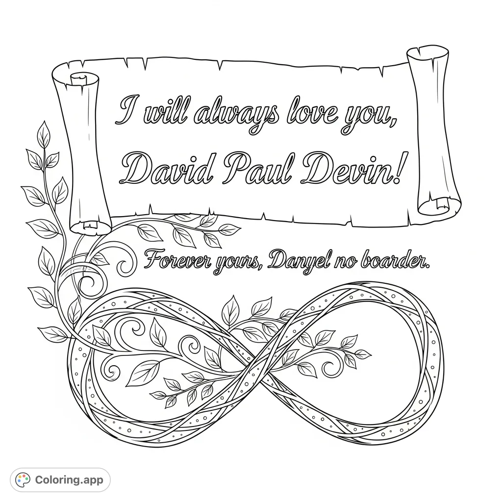 A personalized love message to David Paul Devin from Danyel, featuring elegant text, a symbolic infinity symbol, and decorative vines. A heartfelt coloring page.