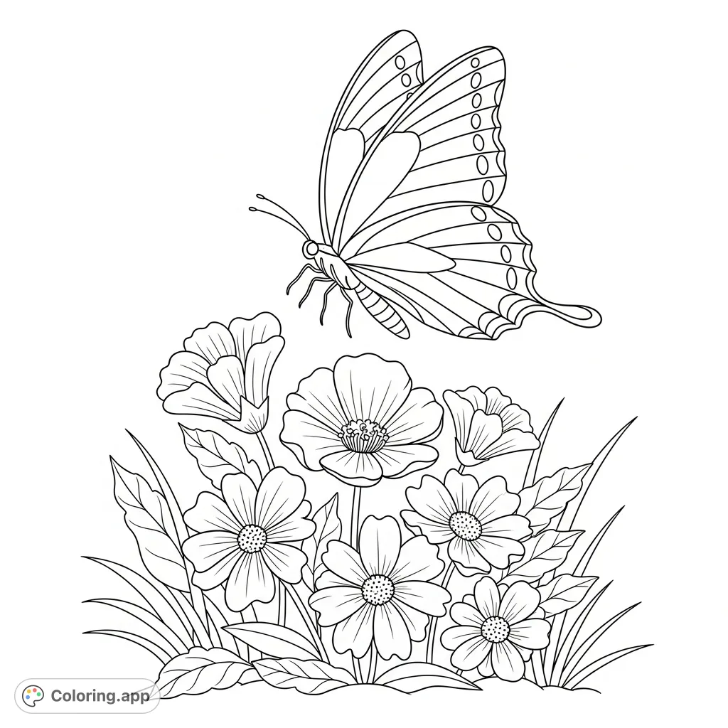 A lovely butterfly with patterned wings flutters above a vibrant cluster of garden flowers amidst leafy foliage, offering a delightful and peaceful coloring experience.