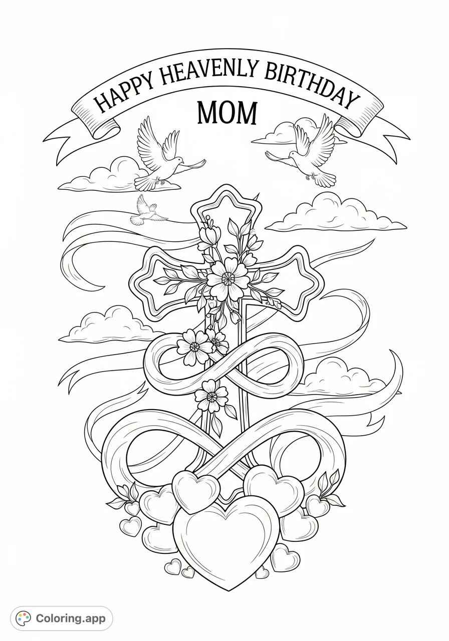 Honor your Mom's heavenly birthday with this touching coloring page featuring a cross, hearts, and infinity symbols among clouds and doves. A beautiful tribute.