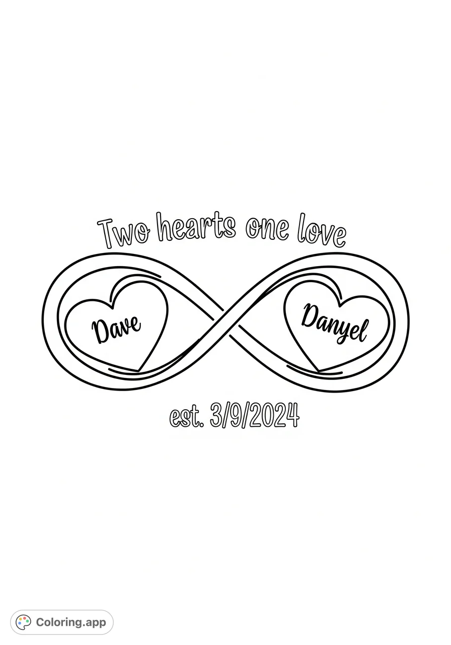 A beautiful coloring page featuring an infinity symbol, "Two hearts one love," and personalized hearts with "Dave" and "Danyel" along with a special date.