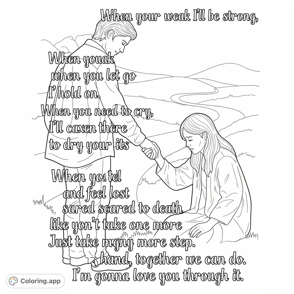 An emotional support coloring page featuring two figures with clasped hands and an uplifting poem, perfect for reflecting on love and perseverance.