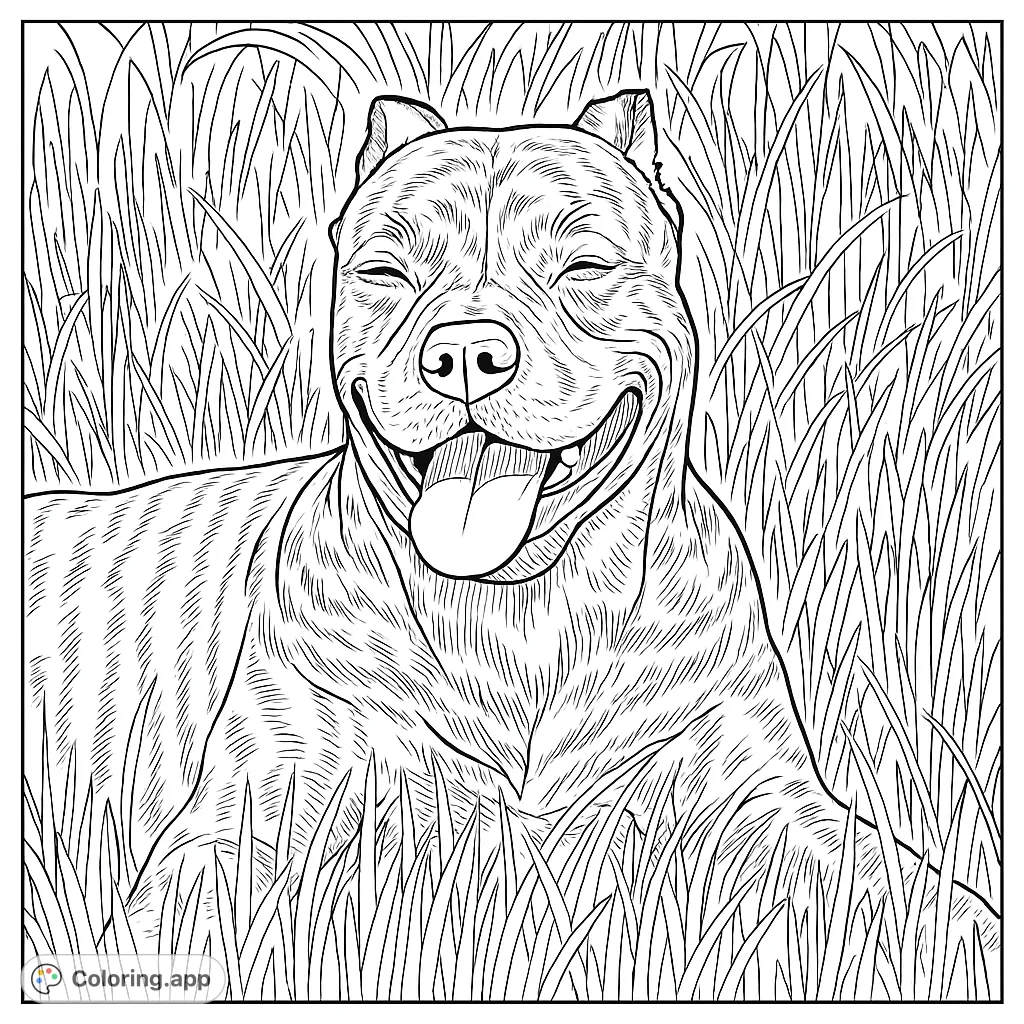 A charming brindle dog with a happy expression rests in a field of grass, offering intricate patterns for a rewarding coloring experience.