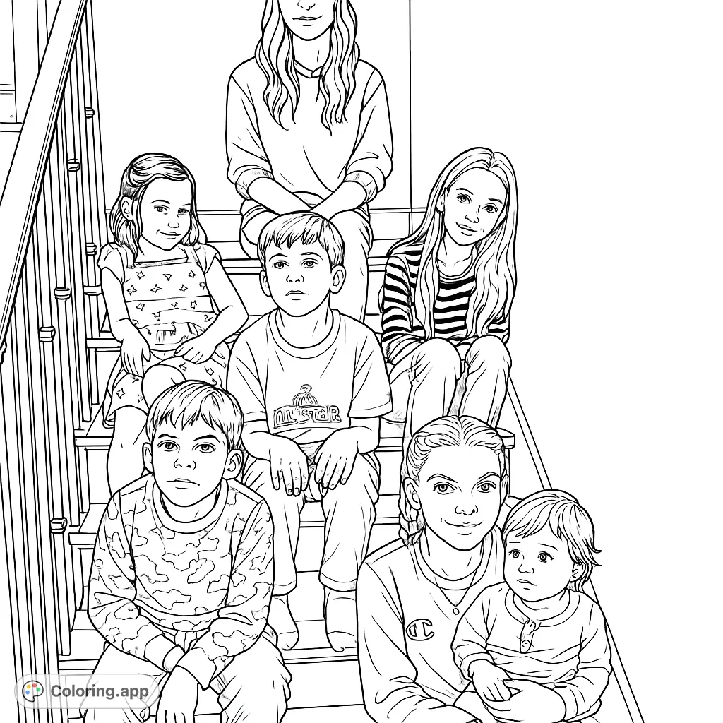 Capture a heartwarming moment with this group portrait coloring page. Seven individuals, from a baby to an adult, gather on a cozy wooden staircase.
