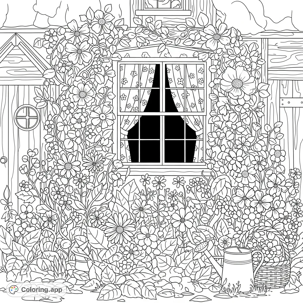Discover a tranquil cottage core scene featuring a detailed cottage, abundant wildflowers, and charming vintage objects. A captivating escape for adult colorists.